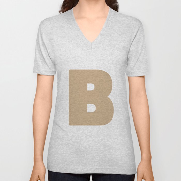 B (Tan & White Letter) V Neck T Shirt