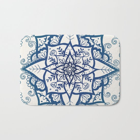 Blue Floral Pattern on Cream Bath Mat
