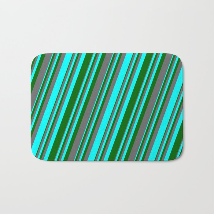 Aqua, Dark Green & Dim Grey Colored Lines/Stripes Pattern Bath Mat