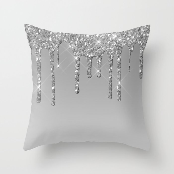 Gray & Silver Glitter Drips Throw Pillow