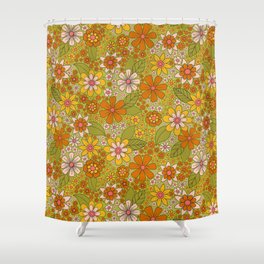 1960s, 1970s Retro Floral in Green, Pink & Orange - Flower Power Shower Curtain