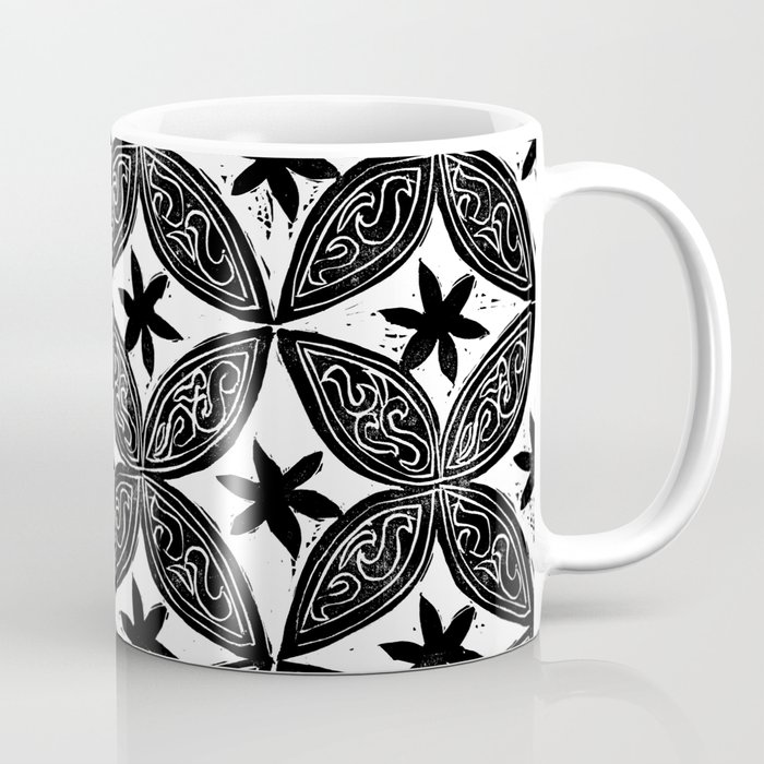 Black & White Circular/Floral Block Print Coffee Mug