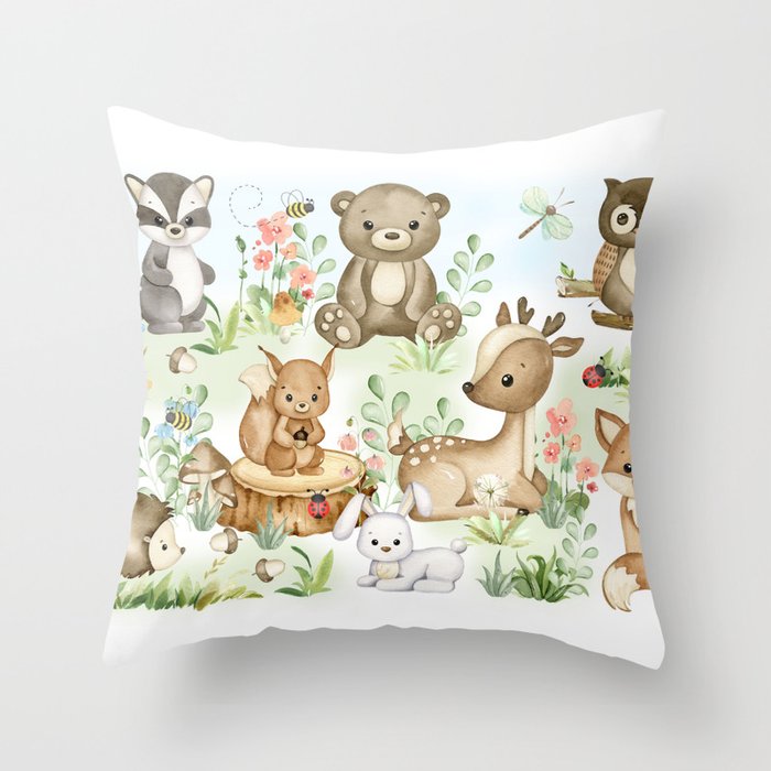 Watercolor Woodland Forest Animals Throw Pillow