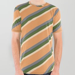 [ Thumbnail: Vibrant Dark Olive Green, Bisque, Brown, Gray, and Dark Blue Colored Striped Pattern All Over Graphic Tee ]