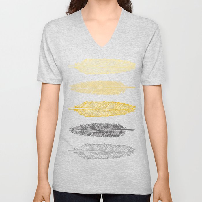 5 Grey & Gold Feathers V Neck T Shirt