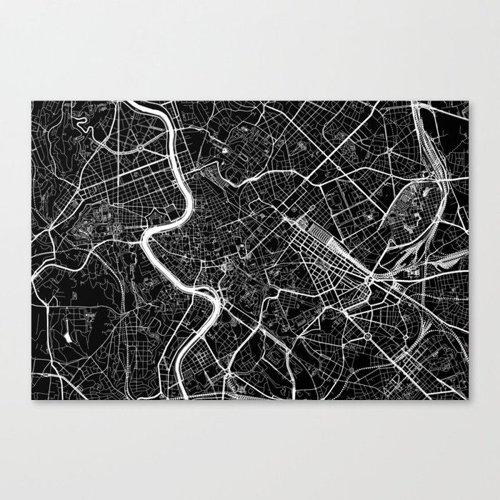 Rome, Italy, City Map - Black Canvas Print