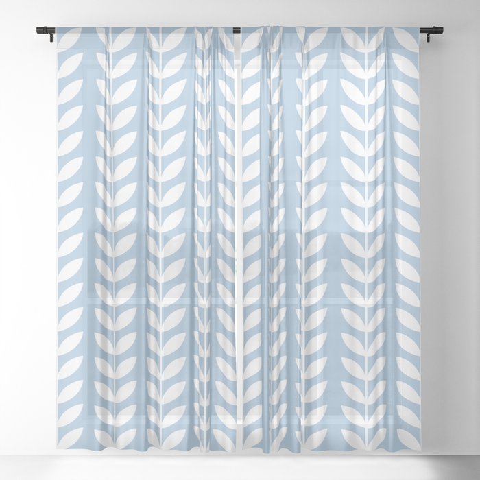 Pale Blue and White Scandinavian leaves pattern Sheer Curtain