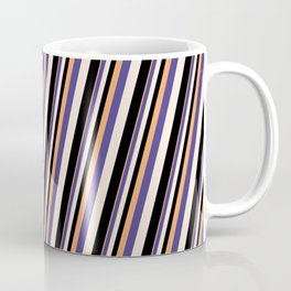 [ Thumbnail: Brown, Dark Slate Blue, Beige & Black Colored Striped Pattern Coffee Mug ]