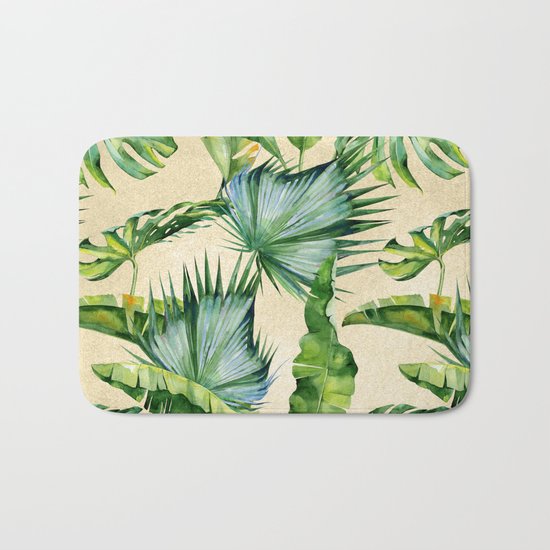 Green Tropics Leaves on Linen Bath Mat