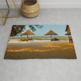 South Africa Photography - Beach With Straw Parasols Area & Throw Rug