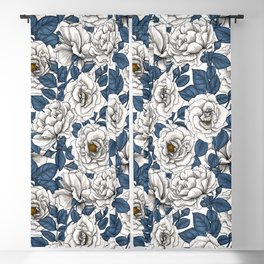 White roses with blue leaves on white Blackout Curtain