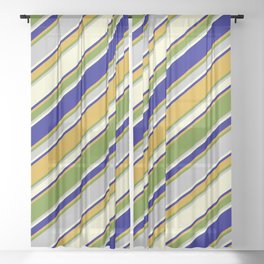 [ Thumbnail: Eyecatching Blue, Goldenrod, Green, Grey & Light Yellow Colored Pattern of Stripes Sheer Curtain ]