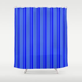 [ Thumbnail: Blue and Royal Blue Colored Stripes Pattern Shower Curtain ]