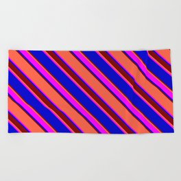 [ Thumbnail: Red, Fuchsia, Blue & Maroon Colored Stripes/Lines Pattern Beach Towel ]