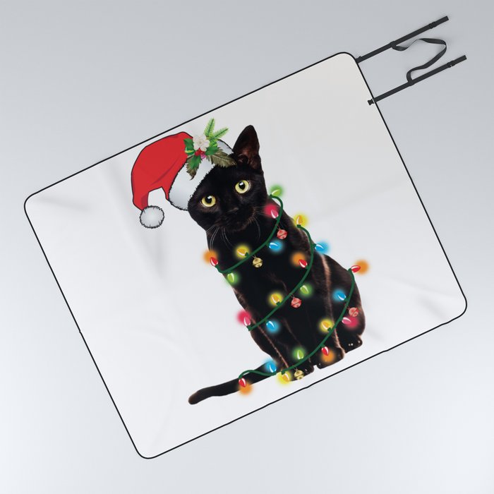 Santa Black Cat Tangled Up In Lights Christmas Santa Graphic Picnic Blanket