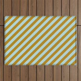[ Thumbnail: Dark Goldenrod & Powder Blue Colored Striped Pattern Outdoor Rug ]