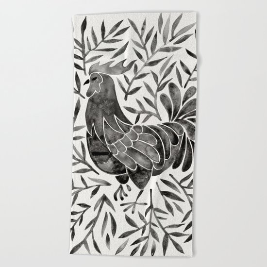 Le Coq – Watercolor Rooster with Black Leaves Beach Towel