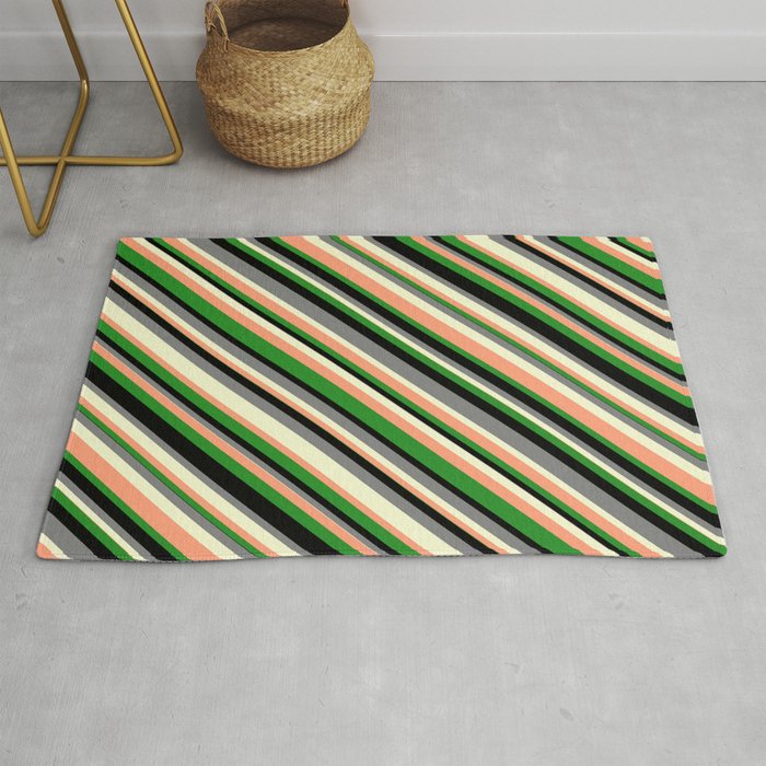 Eye-catching Gray, Light Yellow, Light Salmon, Forest Green & Black Colored Striped Pattern Rug