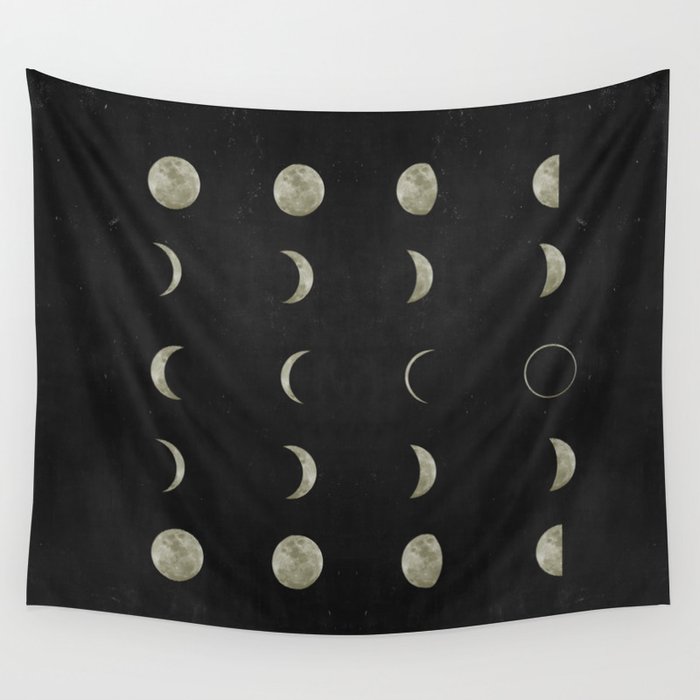 Moon Phases on Black Sky Wall Tapestry