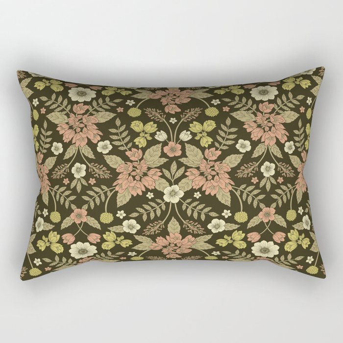 Sage, Dark Green, Peach & Cream Floral Pattern Rectangular Pillow