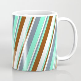 [ Thumbnail: Light Slate Gray, Aquamarine, Brown & Mint Cream Colored Stripes/Lines Pattern Coffee Mug ]