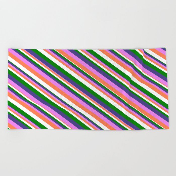 Dark Slate Blue, Violet, Coral, White, and Green Colored Lined/Striped Pattern Beach Towel