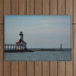 Chicago Skyline as seen from Michigan City Indiana with Lighthouse in Foreground Outdoor Rug