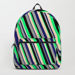 [ Thumbnail: Eyecatching Green, Bisque, Midnight Blue, Dark Grey, and Black Colored Lines/Stripes Pattern Backpack ]