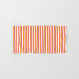 [ Thumbnail: Orange, Hot Pink, and White Colored Striped Pattern Hand & Bath Towel ]