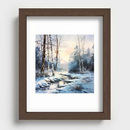 Watercolor Forest Creek in Winter Paradise Recessed Framed Print