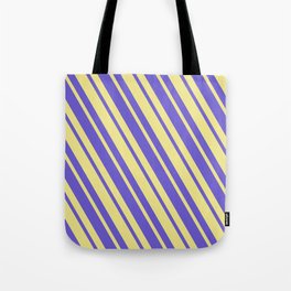 [ Thumbnail: Tan and Slate Blue Colored Lined/Striped Pattern Tote Bag ]