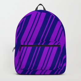 [ Thumbnail: Dark Violet and Blue Colored Pattern of Stripes Backpack ]
