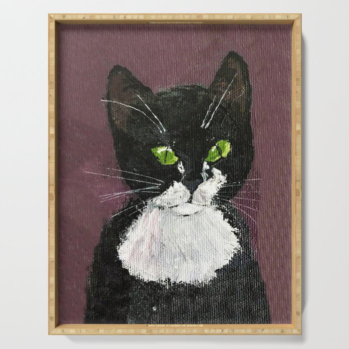 Cat Drawing Cute Black And White Cat With Green Eyes Serving Tray