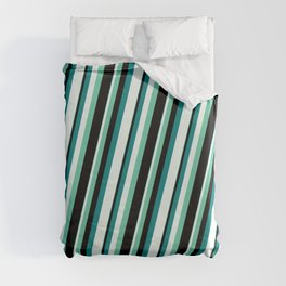 [ Thumbnail: Aquamarine, Black, Teal, and Mint Cream Colored Lined Pattern Duvet Cover ]