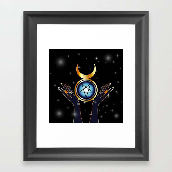 Triple Goddess symbol and hands holding an inverted pentacle Framed Art Print