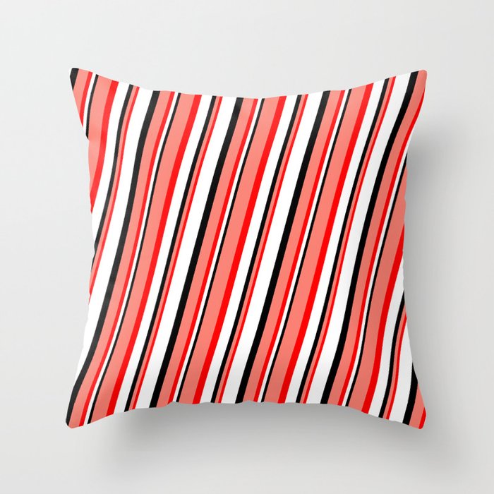 Salmon, Red, White, and Black Colored Striped/Lined Pattern Throw Pillow