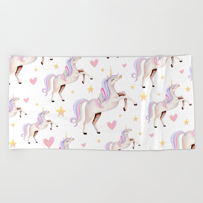 Rainbow Unicorns — Hearts & Stars Beach Towel
