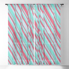 [ Thumbnail: Turquoise, Crimson, and Light Blue Colored Lined Pattern Sheer Curtain ]