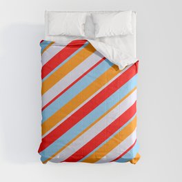 [ Thumbnail: Lavender, Red, Light Sky Blue, and Dark Orange Colored Lined/Striped Pattern Comforter ]
