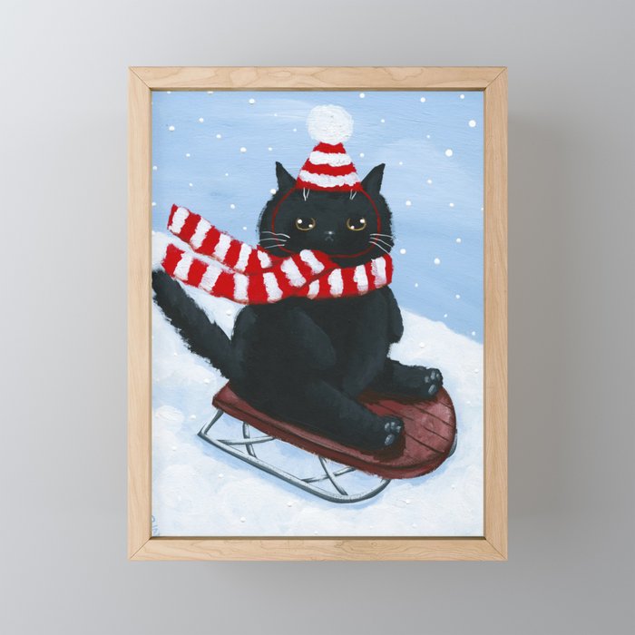 Sledding Kitty Framed Mini Art Print