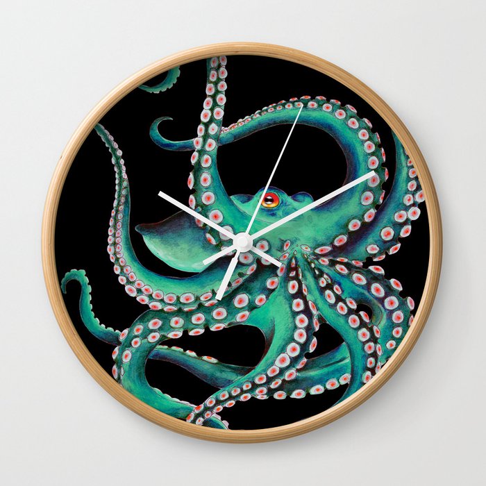 Octopus Tentacles Dance Teal Watercolor Ink Black Wall Clock