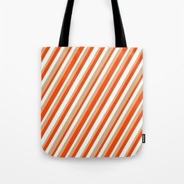 [ Thumbnail: Red, Mint Cream, and Tan Colored Lines Pattern Tote Bag ]