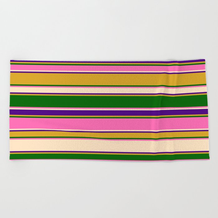 Eyecatching Goldenrod, Dark Green, Hot Pink, Bisque & Indigo Colored Striped/Lined Pattern Beach Towel