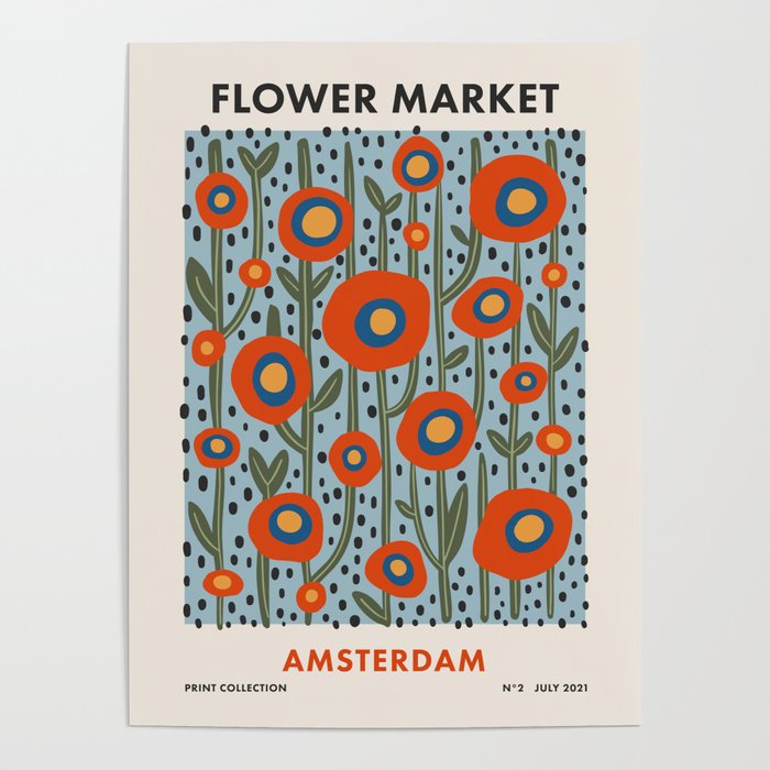 Flower Market Amsterdam, Modern Retro Flower Print Poster