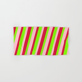 [ Thumbnail: Pink, Crimson, and Chartreuse Colored Lined Pattern Hand & Bath Towel ]
