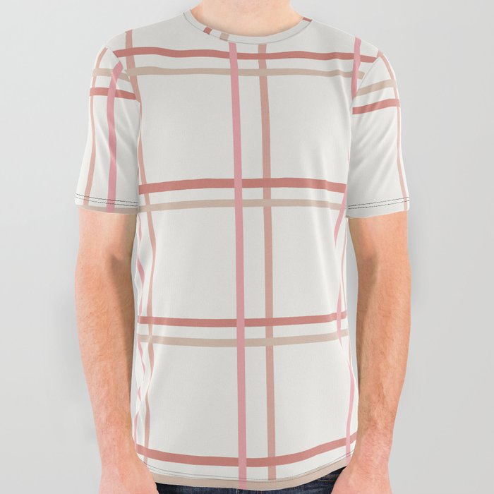 Dusty Pink Checkered Lines on Beige All Over Graphic Tee