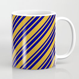 [ Thumbnail: Goldenrod and Dark Blue Colored Lined Pattern Coffee Mug ]