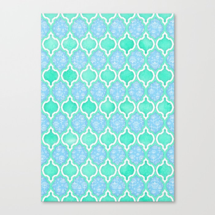 Moroccan Aqua Doodle pattern in mint green, blue & white Canvas Print