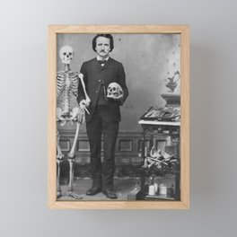 Edgar Allan Poe with Skull and Skeleton macabre black and white photograph Framed Mini Art Print