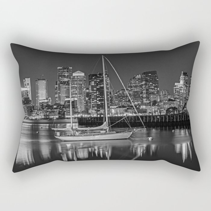 The Boston Skyline From East Boston Sailboat Boston MA Black and White Rectangular Pillow